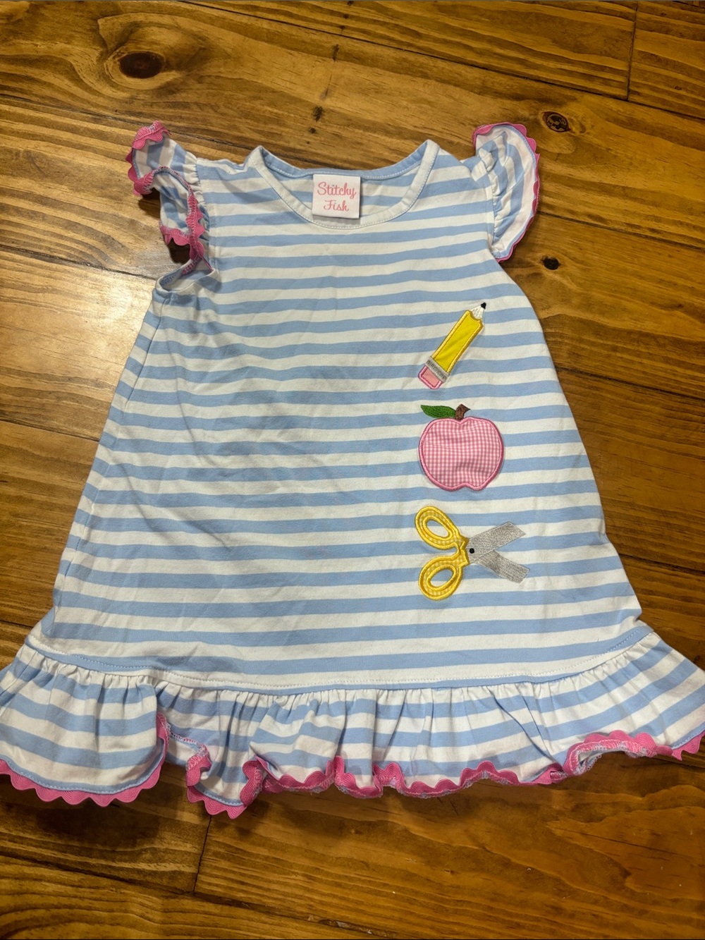 Stitchy Fish Size 2T Striped Dress w/Embroidered School Supplies